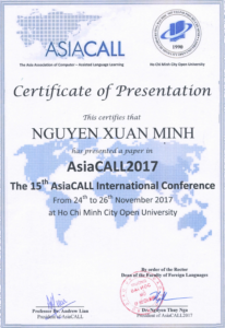 Chứng nhận trình bày tại hội thảo quốc tế  về ứng dụng công nghệ trong giảng dạyAsiaCALL 2017